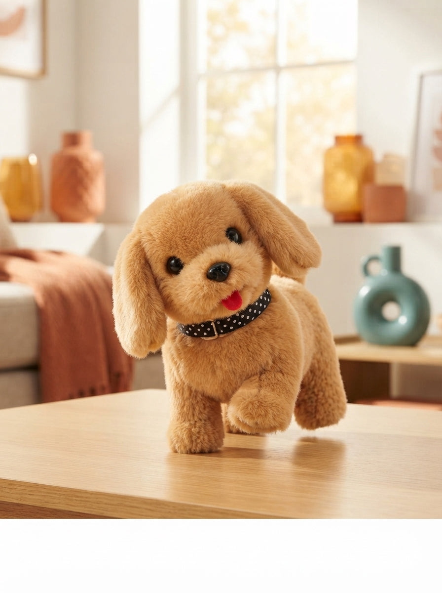 Barksy interactive plush puppy toy standing on a surface with warm-toned decor and soft ambient lighting.